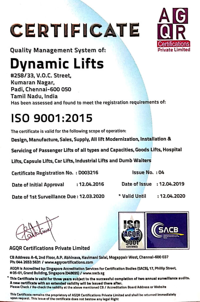 Dynamic Lifts quality certificate