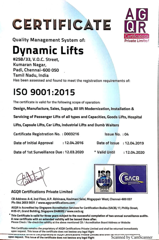 Dynamic Lifts registration certificate